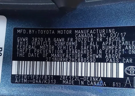 2017 Toyota Corolla Le из США, поврежденный, VIN 2T1BURHE2HC880590